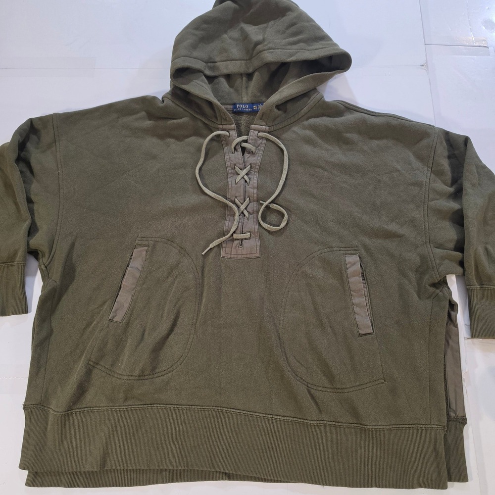 Polo Ralph Lauren Womens Oversized fleece Hoodie Lace Up Olive Green Sweater M/L